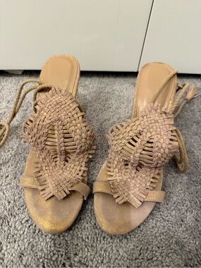 Joie Woven Lace-Up Heels in Light Tan
